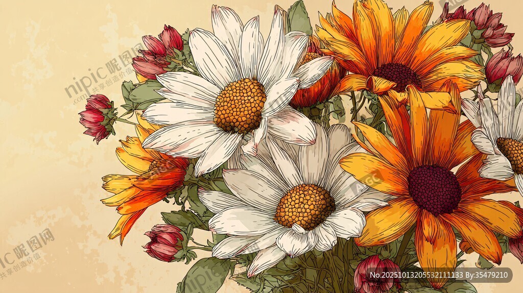手绘多彩雏菊插画