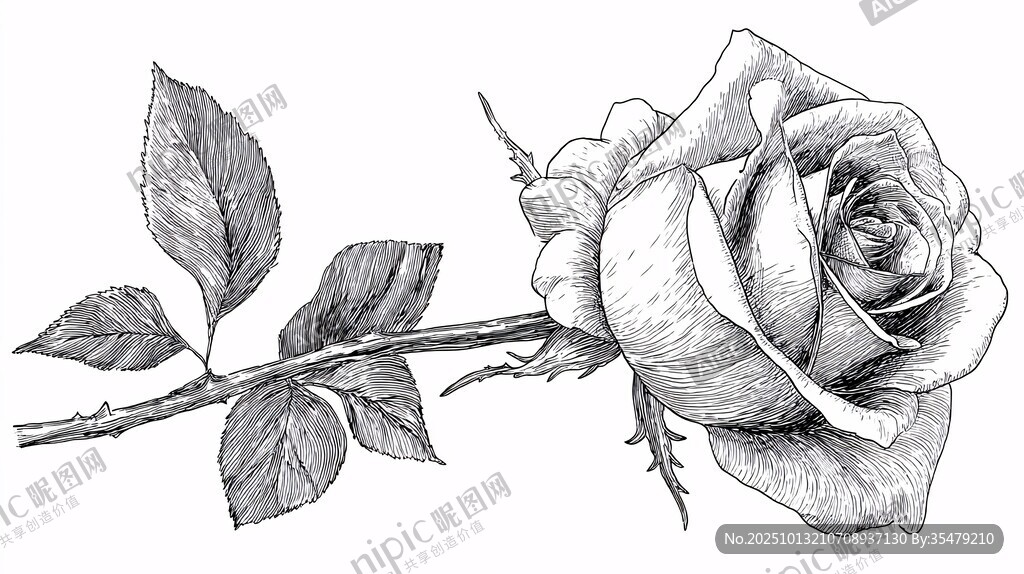 手绘单枝玫瑰素描图
