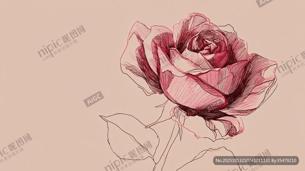 手绘粉色玫瑰线条画