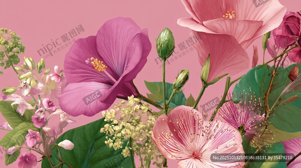 梦幻粉色花卉插画作品
