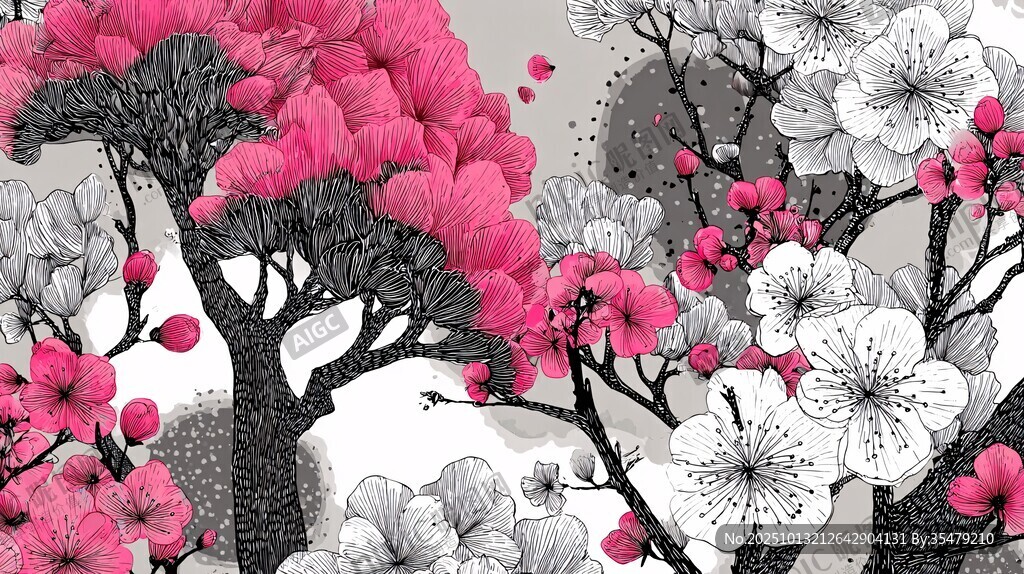 粉色黑白花卉装饰画图案