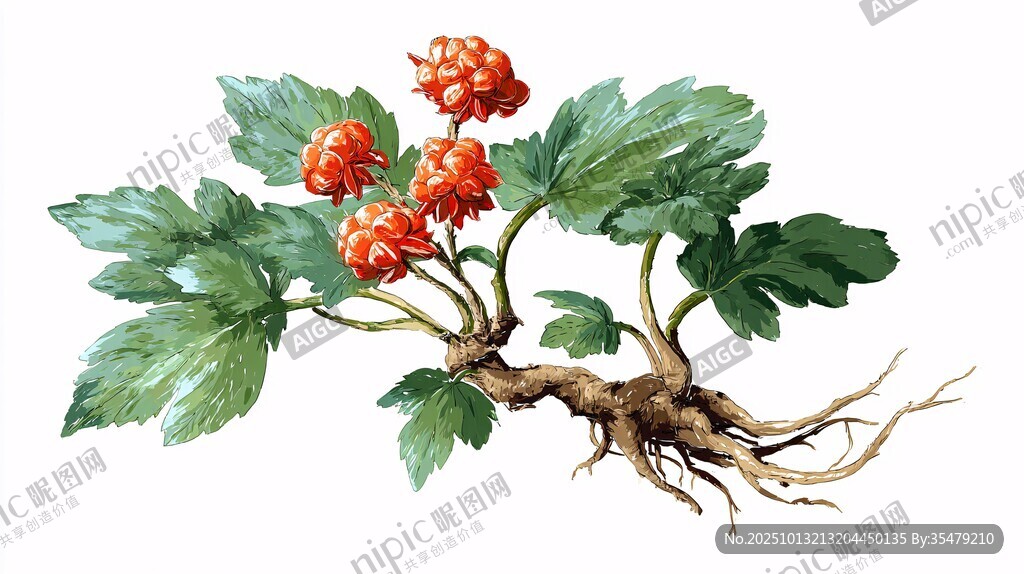 水彩绘红果绿叶植物根茎
