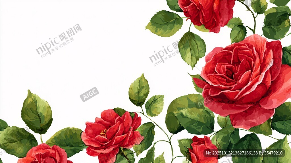 水彩红玫瑰与绿叶装饰图
