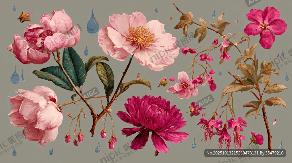 水彩风花卉与雨滴插画