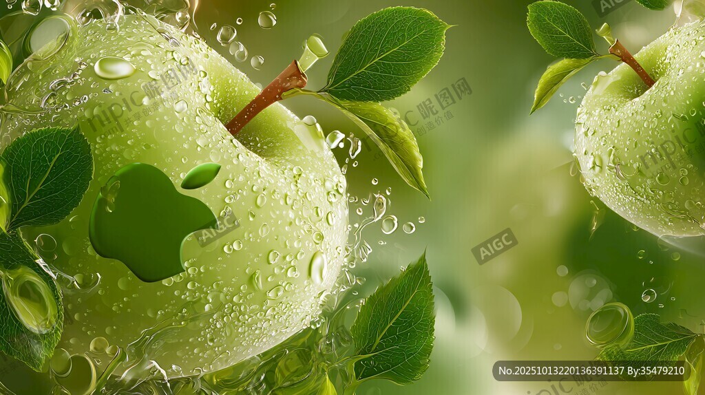 青苹果水珠绿叶梦幻画面