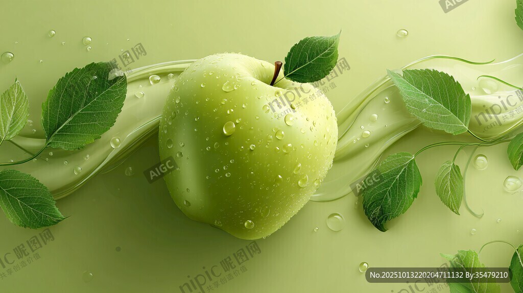 青苹果与绿叶的清新画面