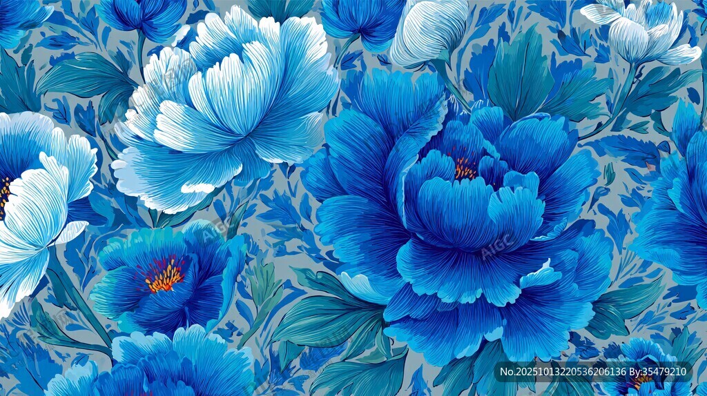 蓝调牡丹花卉图案设计