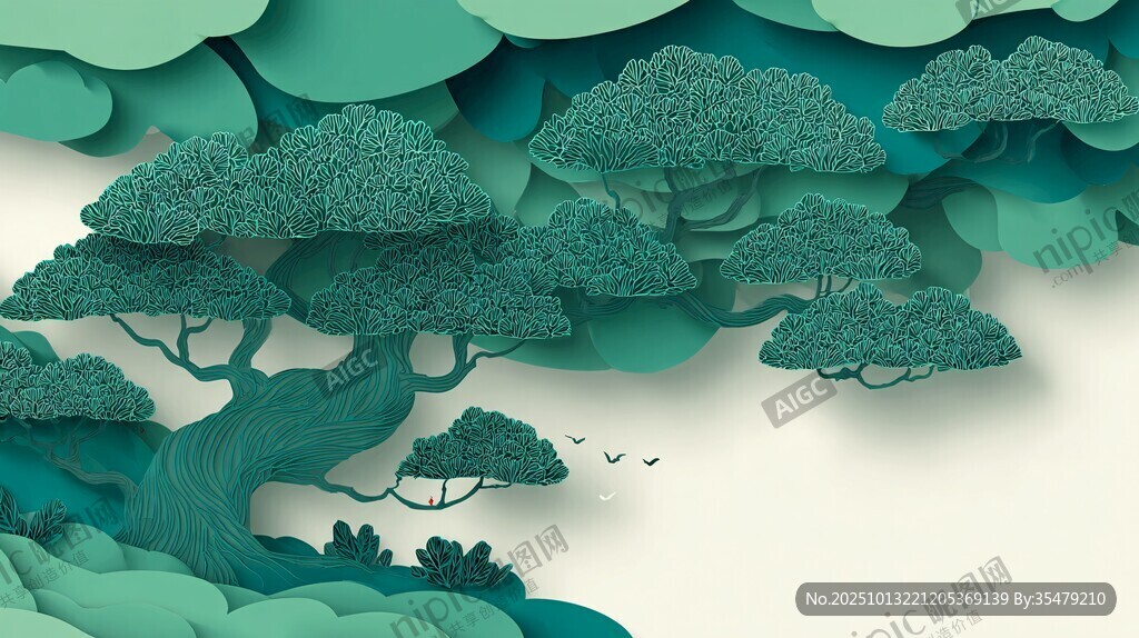青绿色立体剪纸风山林图景