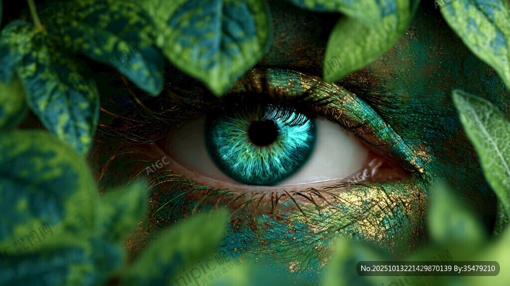 梦幻绿眸隐于繁茂绿叶间