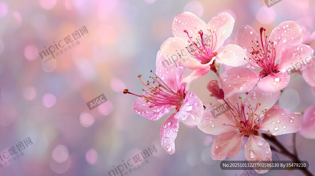 娇艳樱花绽放带露之美
