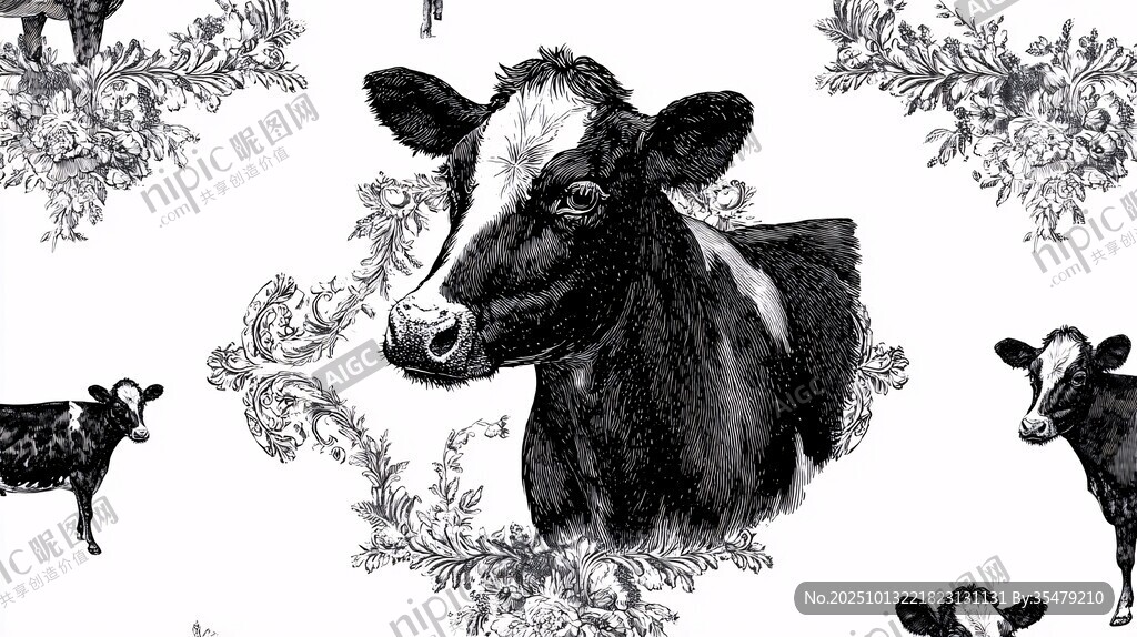 黑白奶牛花卉图案插画