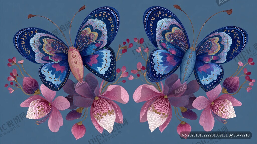 双蝶伴花的梦幻插画
