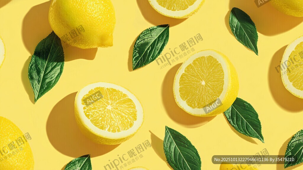 黄色背景上的柠檬与绿叶