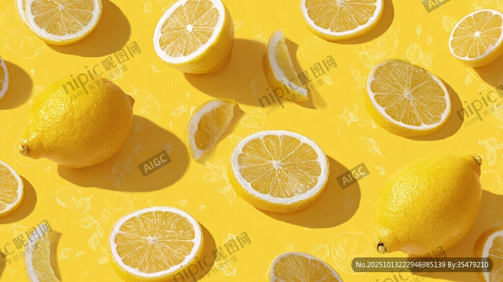 柠檬切片铺满黄色背景