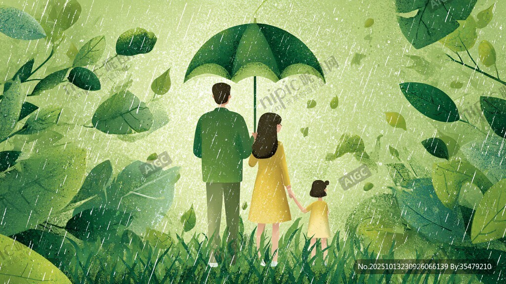 雨中家庭漫步温馨瞬间
