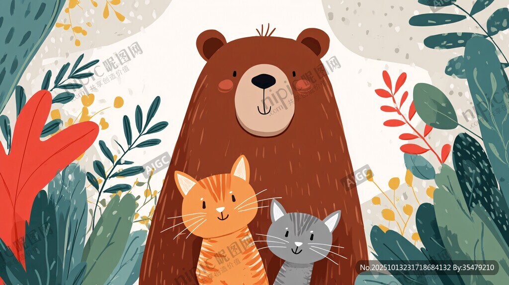 熊与猫咪的温馨丛林画面