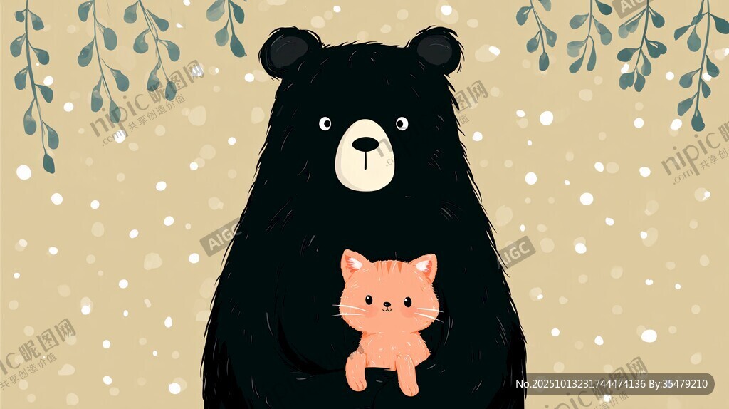 大熊与小猫的温馨画面