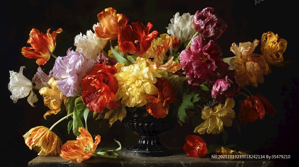 多彩郁金香花瓶静物画