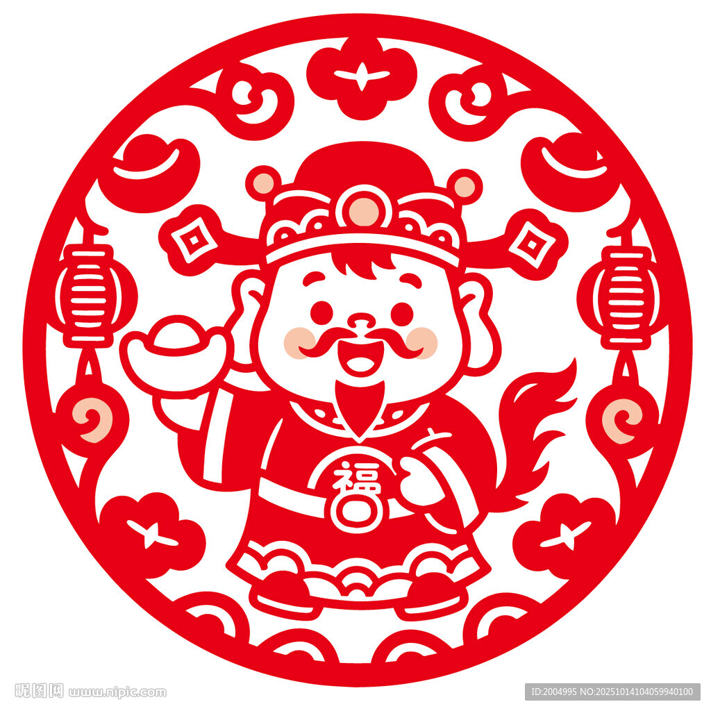 圆形马年财神剪纸贴纸图案