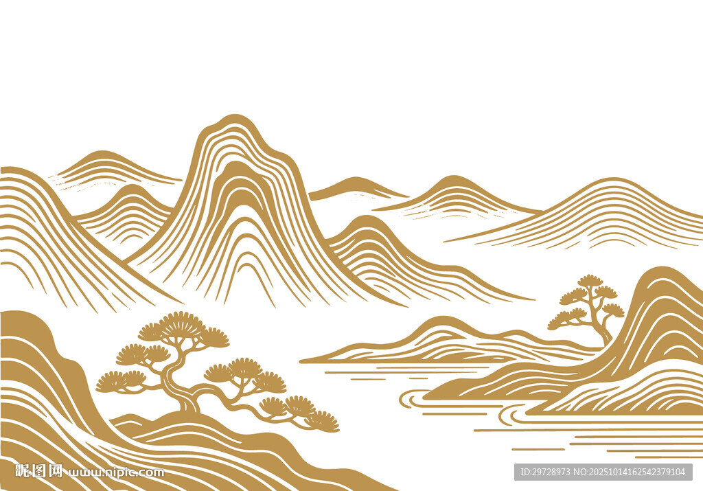 矢量意境中式山水艺术线条背景墙