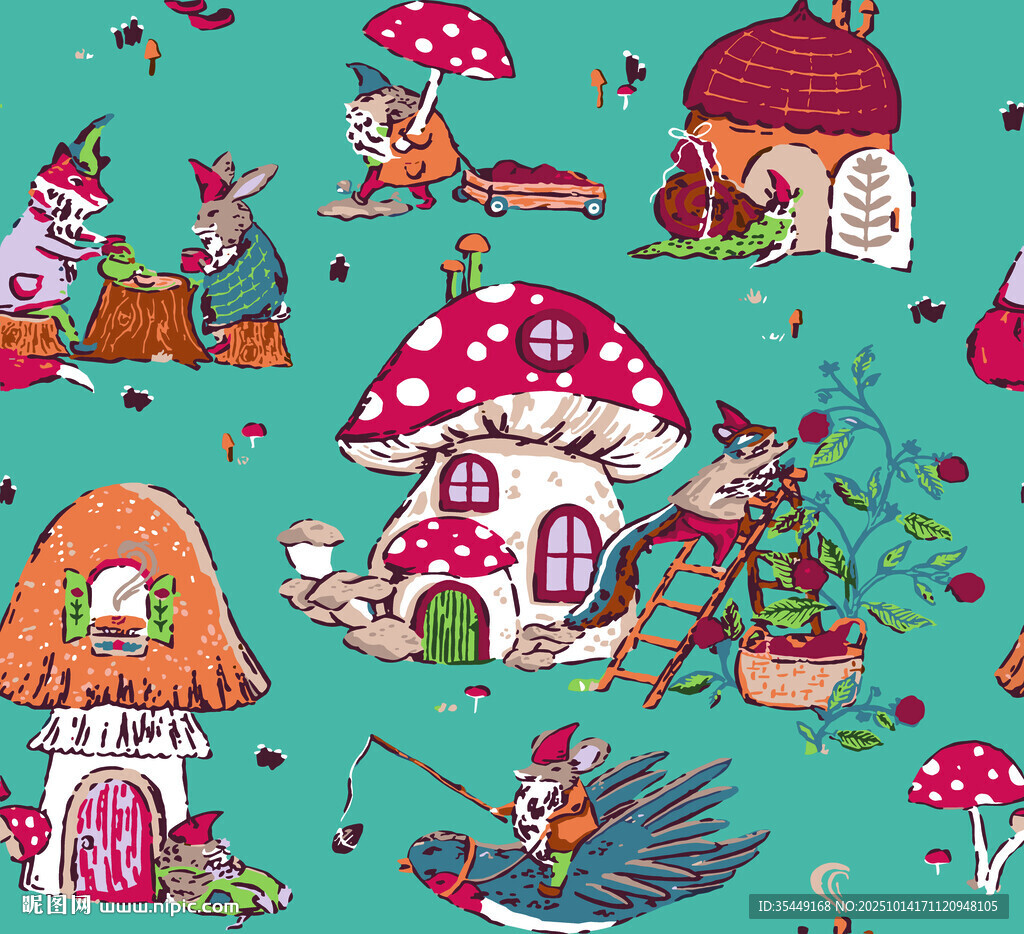 童话风蘑菇小屋奇幻图案
