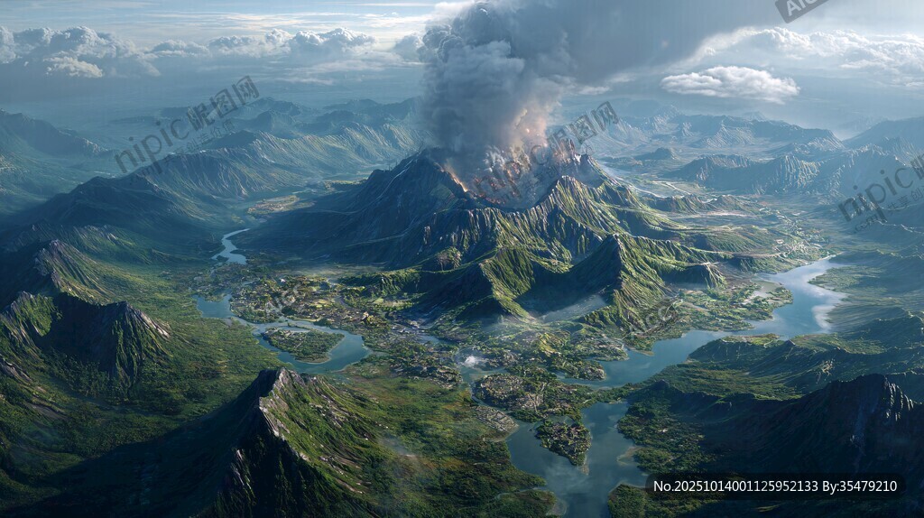 火山喷发下的壮美山川景观