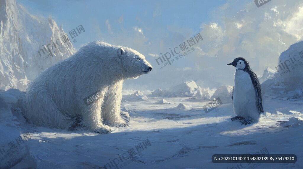 北极熊与企鹅的冰雪对视