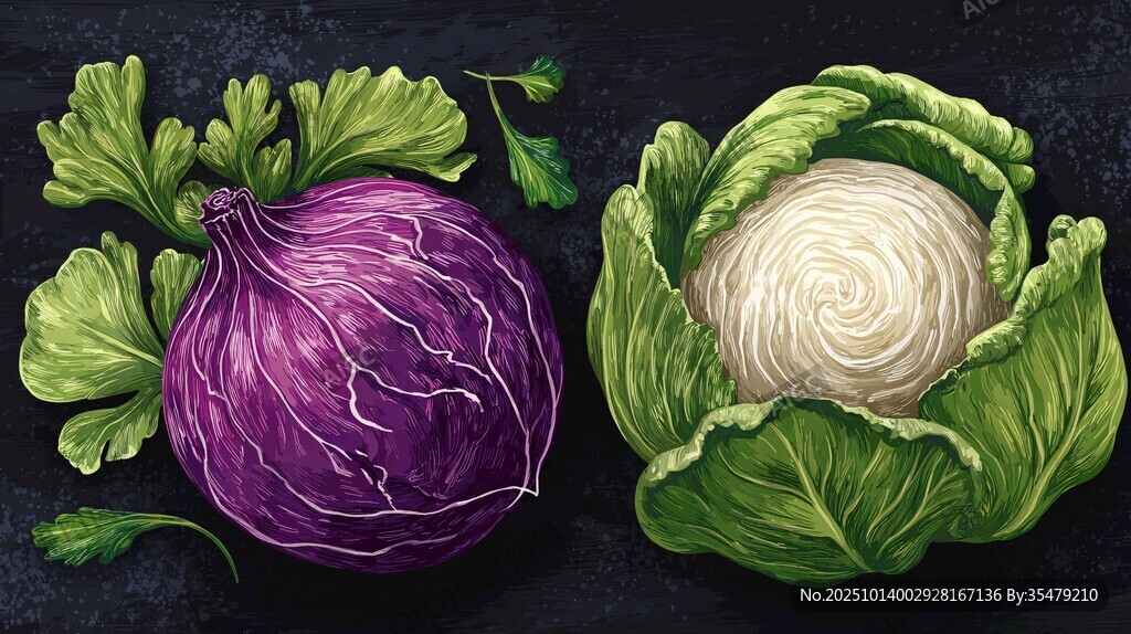 紫白卷心菜静物插画