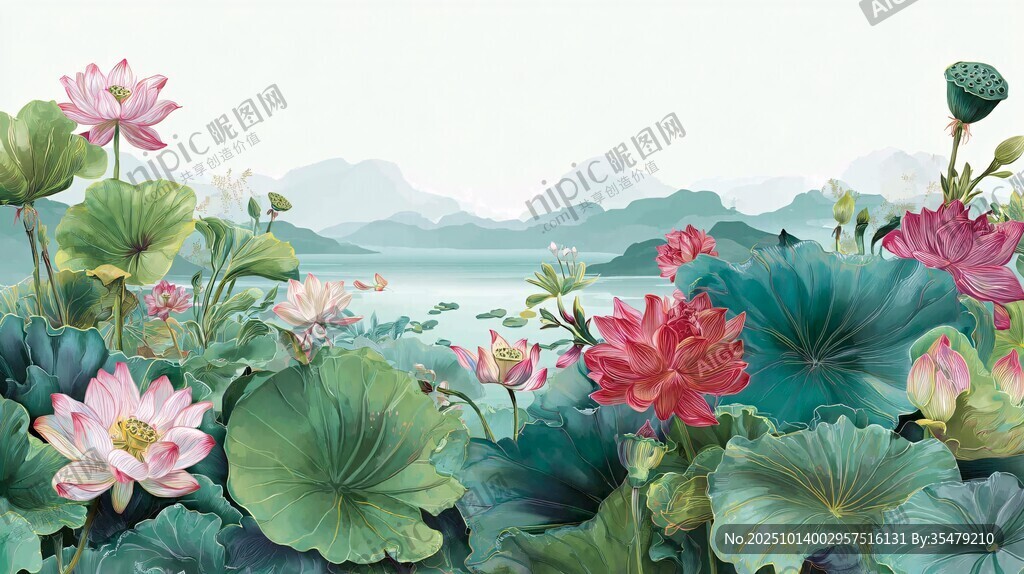 夏日荷塘盛景 清新水墨画