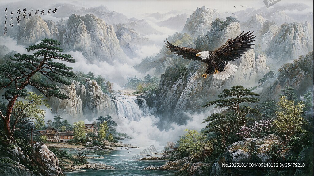 雄鹰翱翔于山水间图景