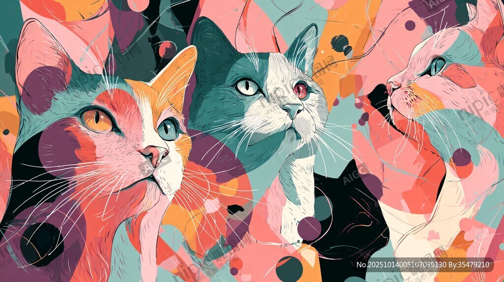 多彩猫咪抽象艺术插画