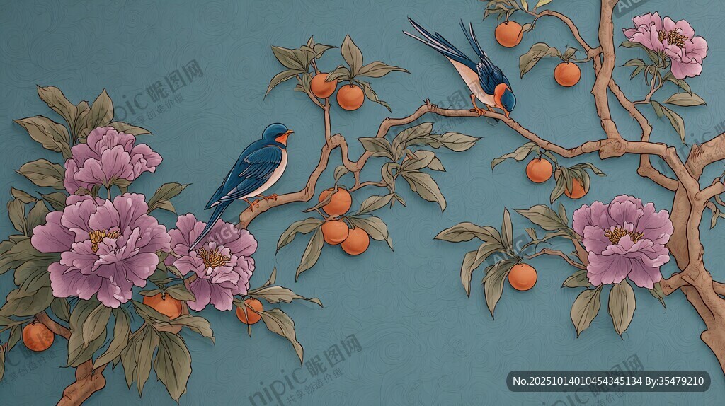 花鸟图 双燕栖于繁花硕果间