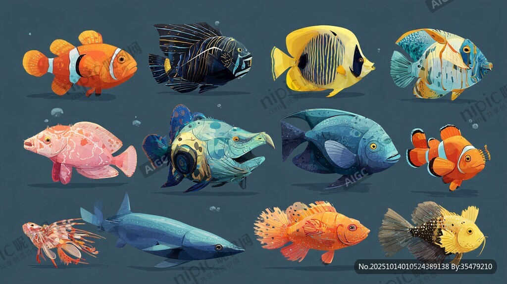 多样海洋鱼类插画集合