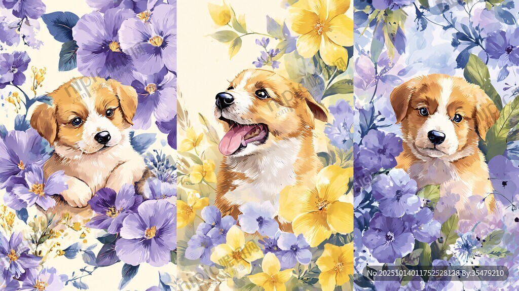 萌犬置身绚烂花丛中