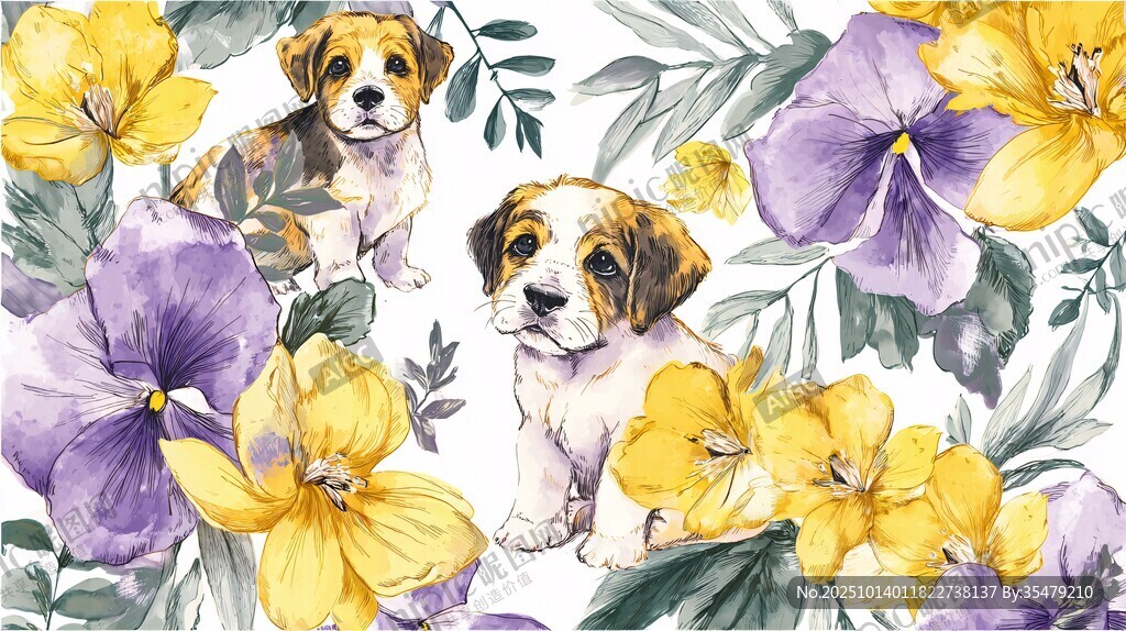 小狗与花卉的水彩插画