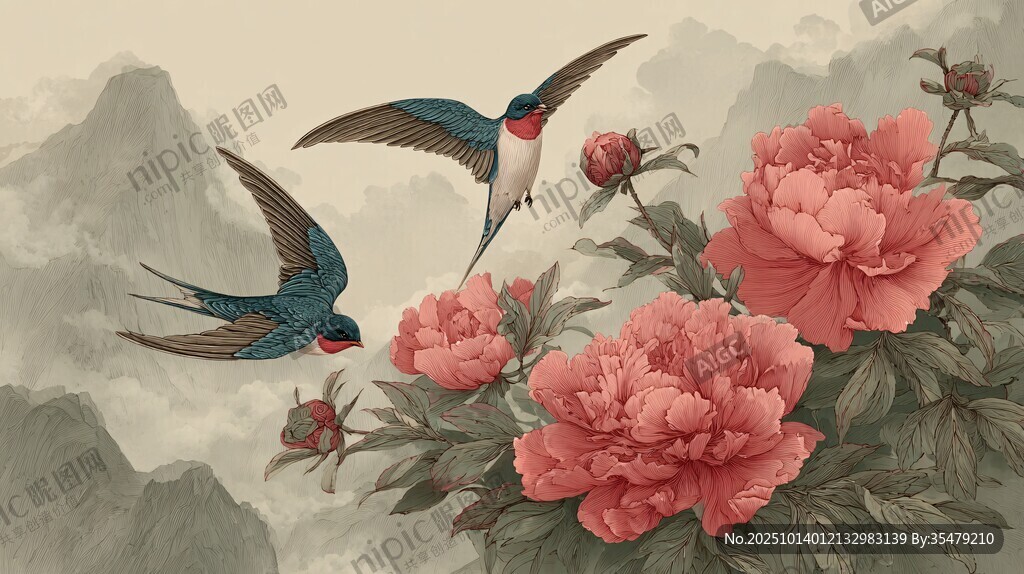 燕子戏牡丹 中式花鸟图景