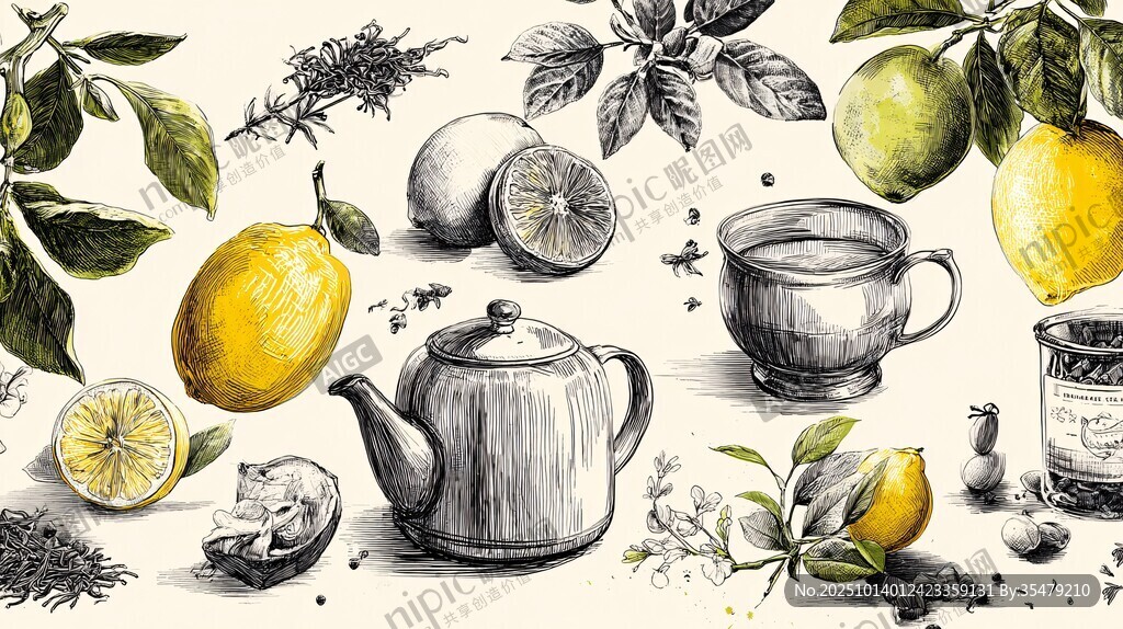 柠檬茶具插画 清新雅致风