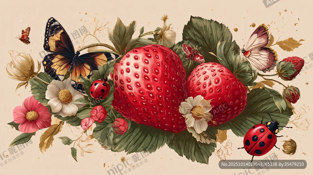 草莓花卉与蝴蝶插画