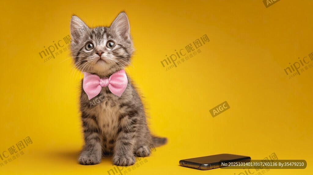 戴粉领结小猫与手机