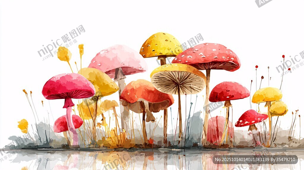 梦幻水彩蘑菇群绘景