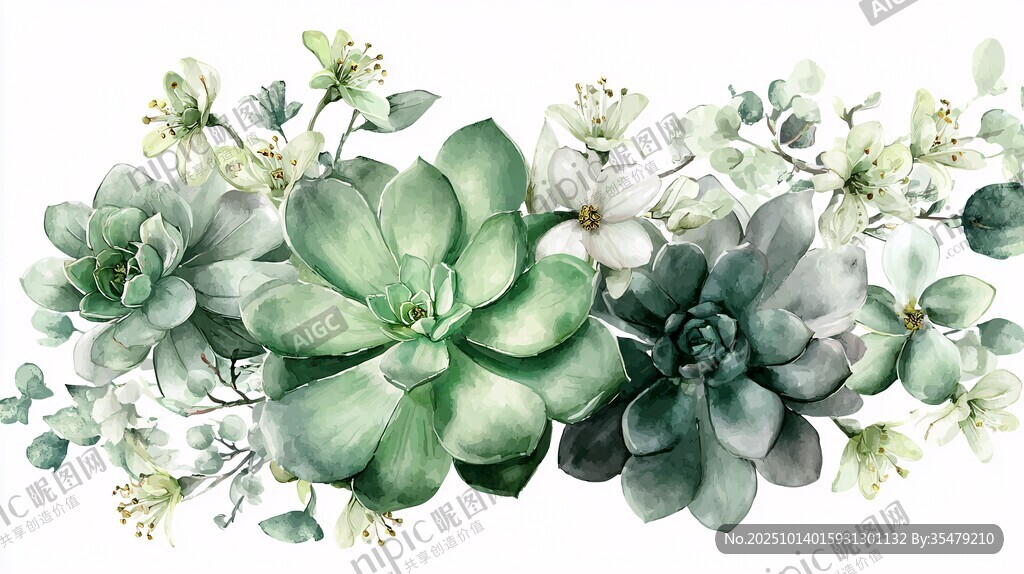 清新水彩风多肉花卉组合