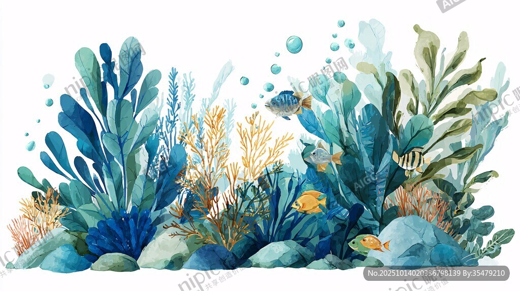海底植物与游鱼水彩插画