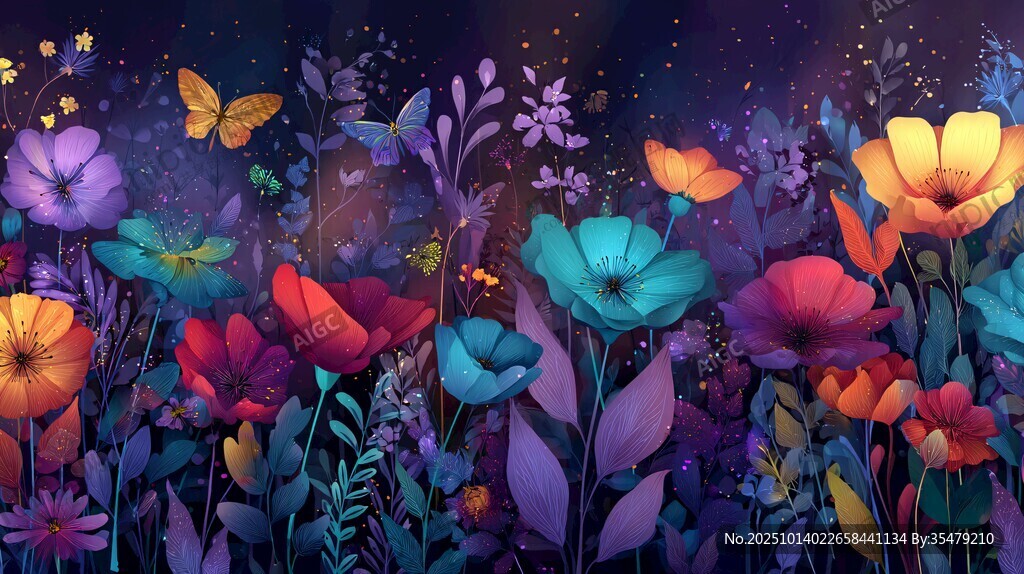 梦幻夜花园中的缤纷花卉