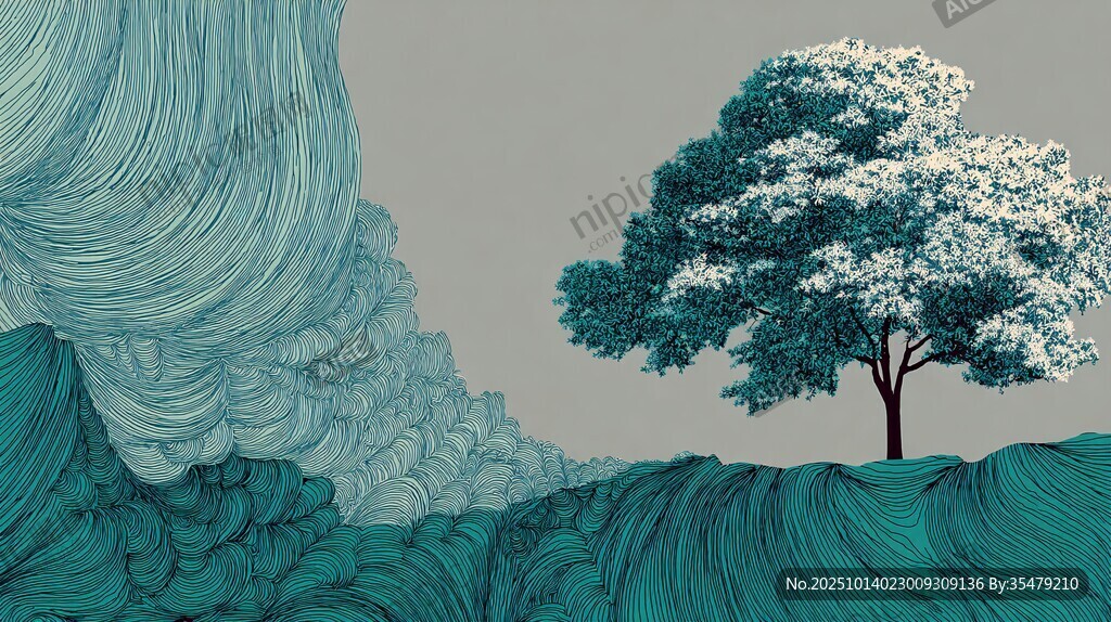 梦幻蓝绿山丘中的独立树木