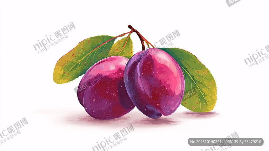 紫李插画 鲜润果实伴绿叶