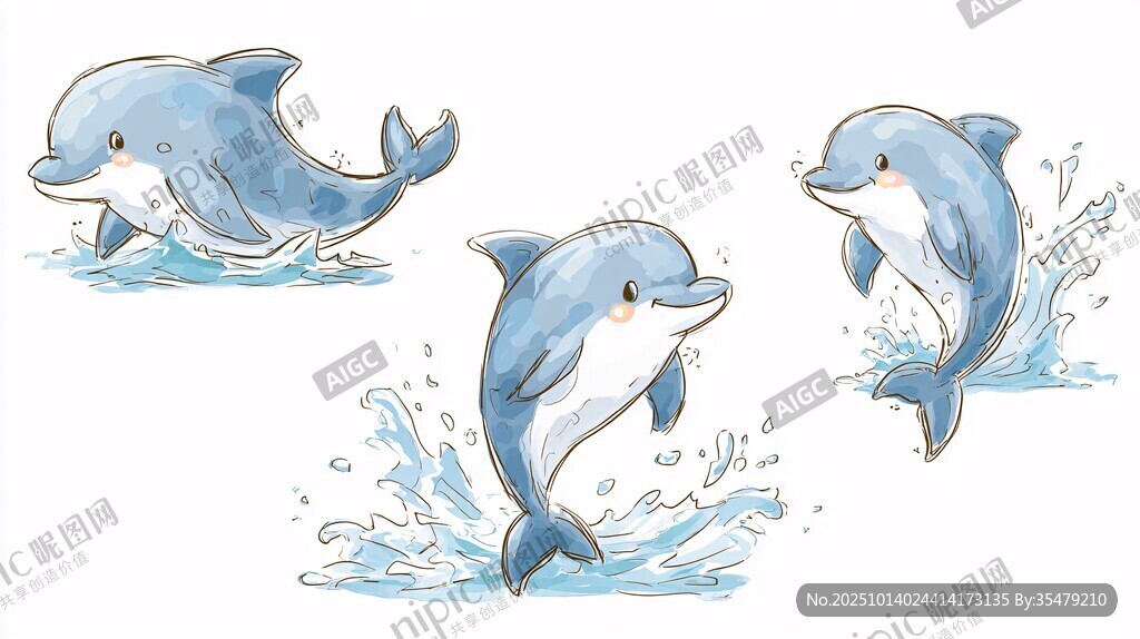 可爱海豚跃出水面插画