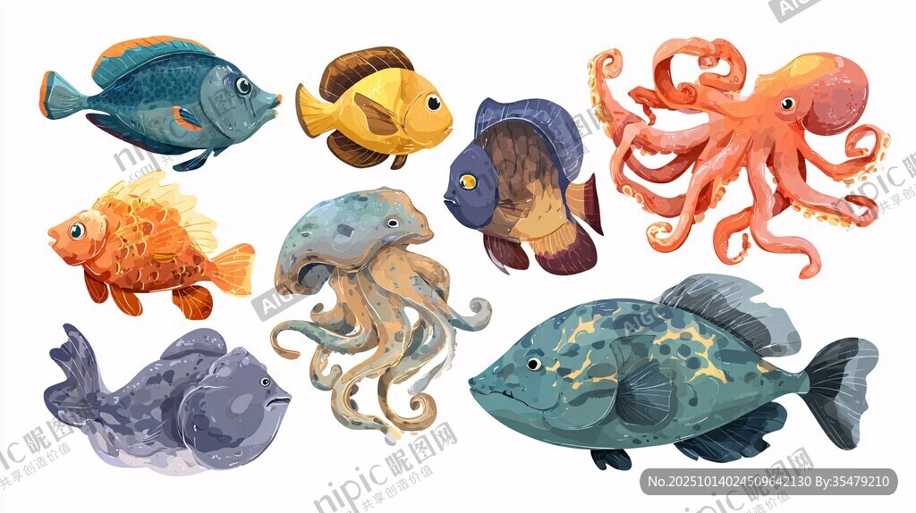 海洋鱼类与章鱼水母插画