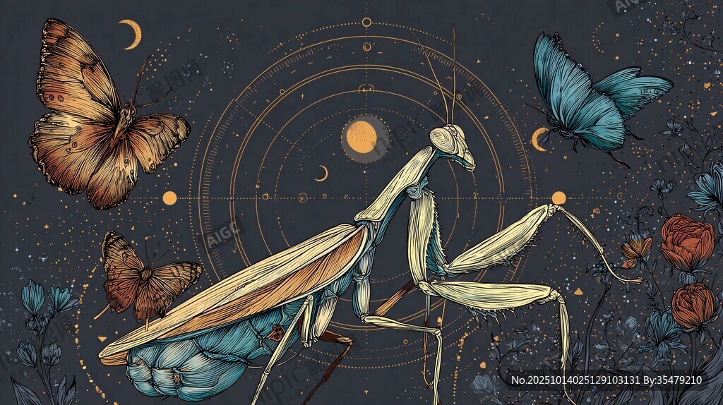 夜中螳螂与蝶的梦幻图景