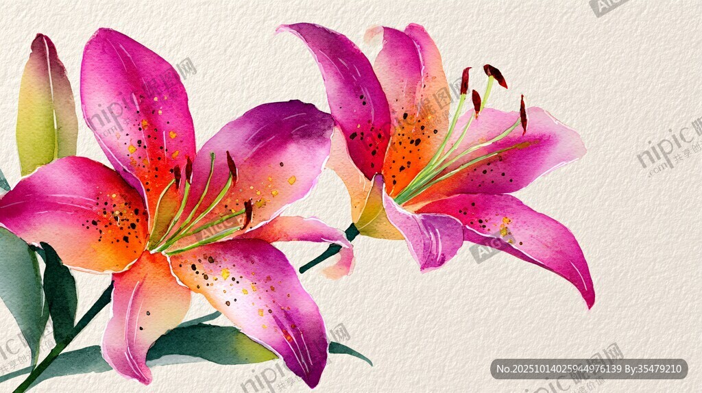 娇艳双生百合花插画