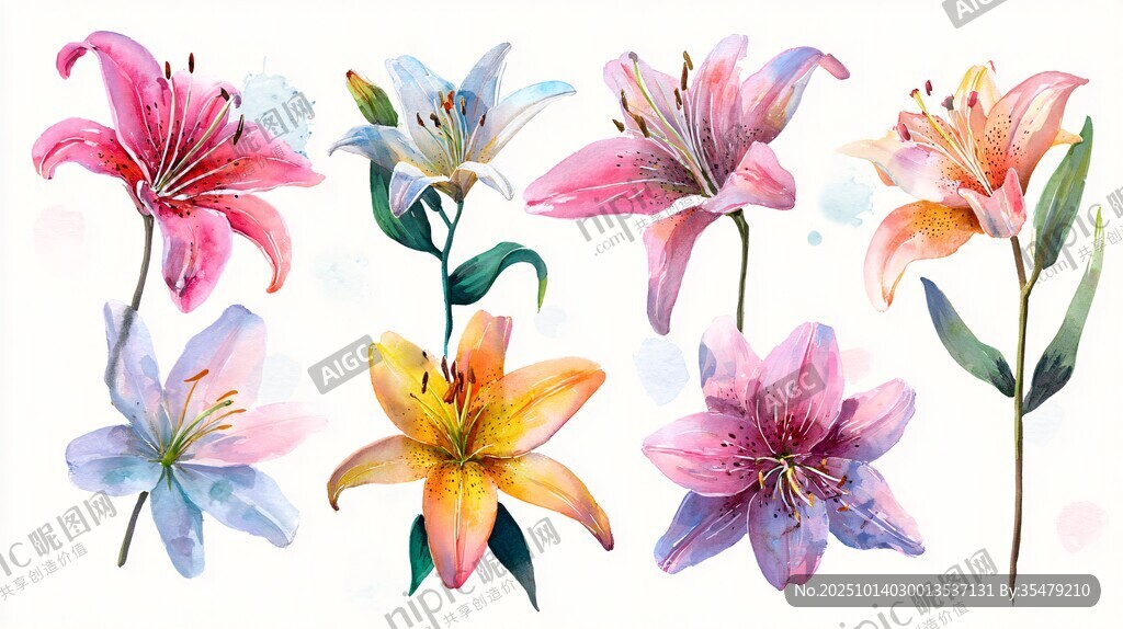 水彩绘多彩百合花集合